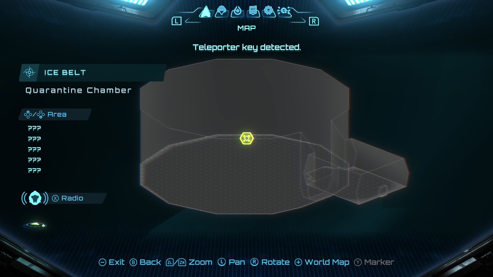 Metroid Prime 4: Beyond 3D map interface on Switch 2 showing the Ice Belt Quarantine Chamber and layered navigation paths