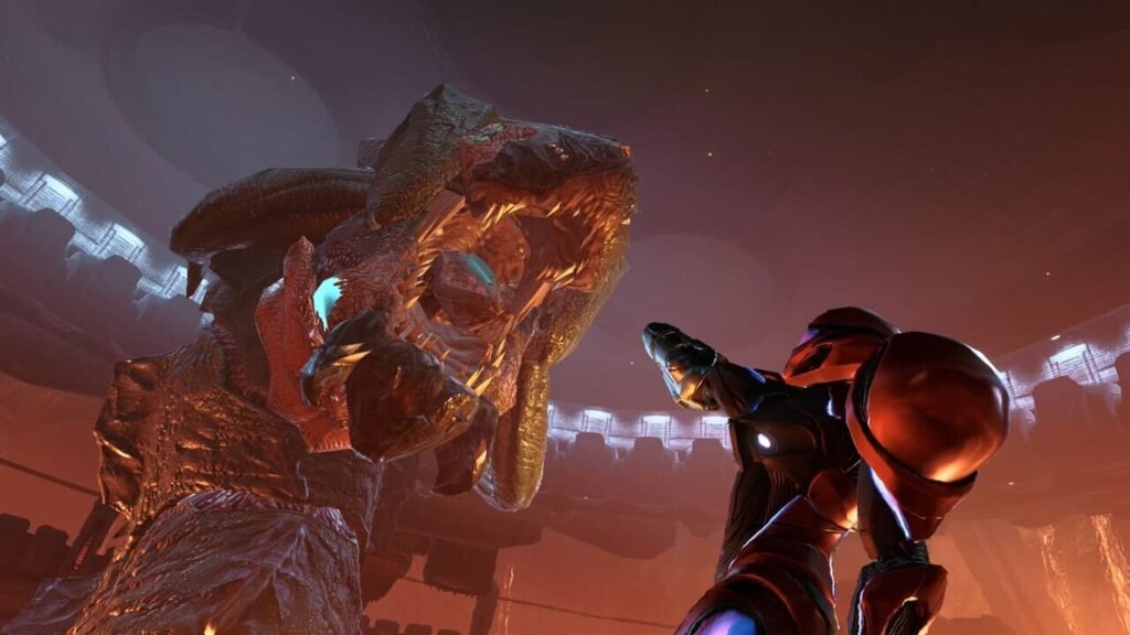 Samus Aran facing a large hostile creature during a boss battle in Metroid Prime 4: Beyond on Switch 2