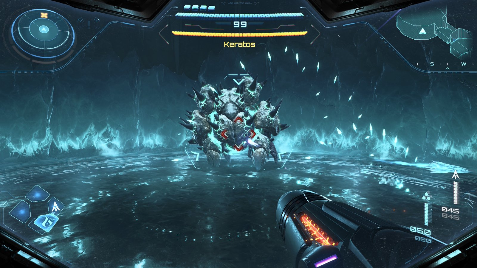 Samus Aran facing a large hostile creature during a boss battle in Metroid Prime 4: Beyond on Switch 2