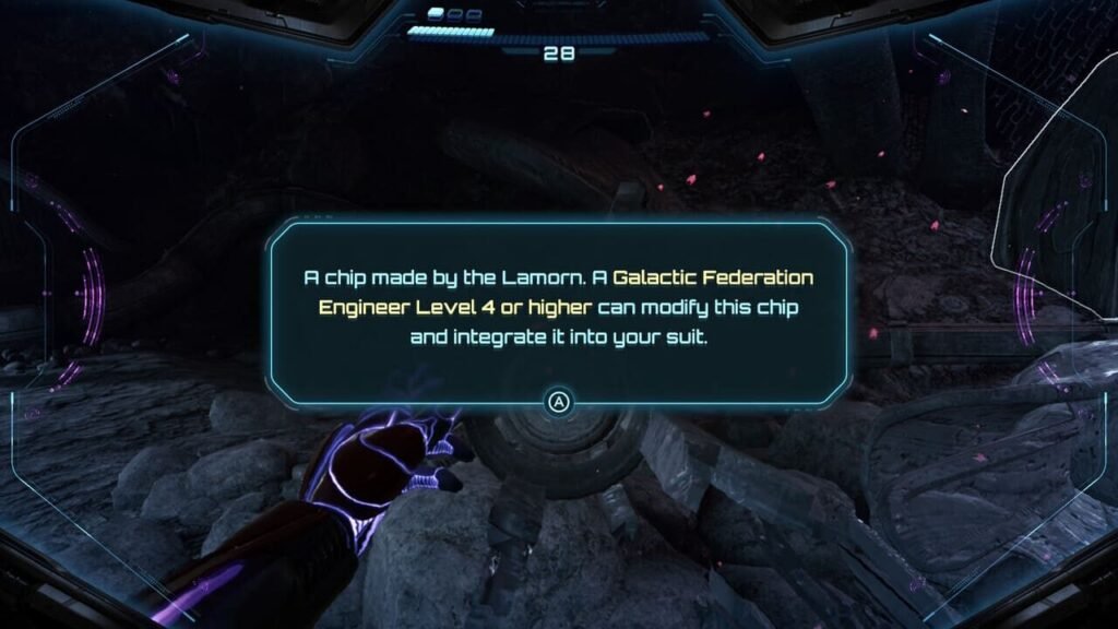 Upgrade prompt explaining chip installation requirements in Metroid Prime 4: Beyond on Switch 2