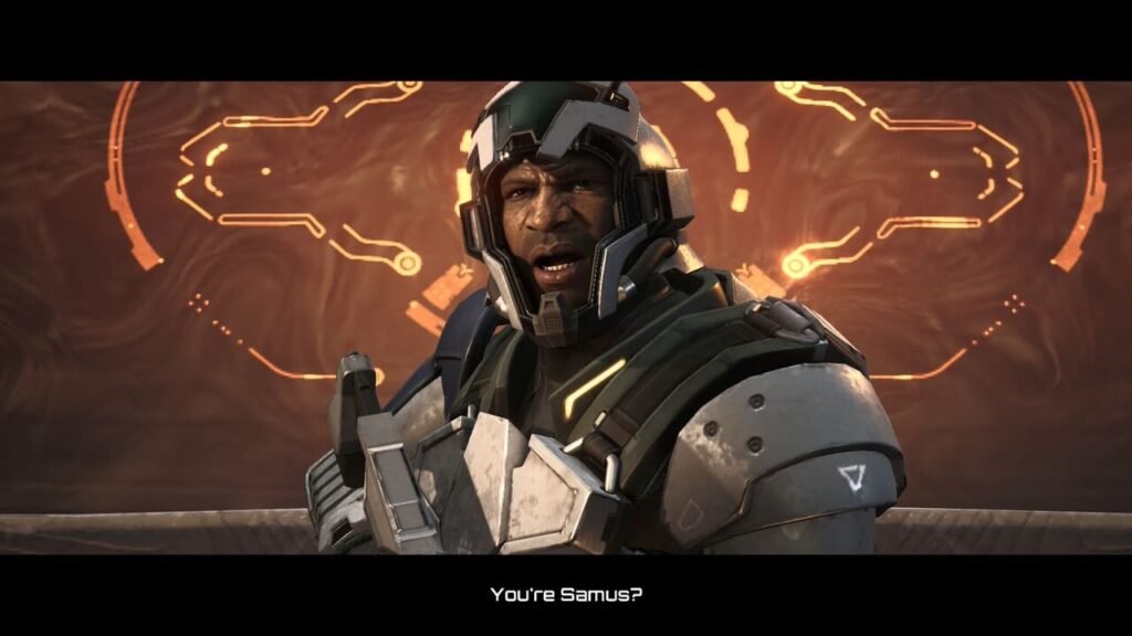 Close-up of Duke speaking during a cutscene in Metroid Prime 4: Beyond on Switch 2