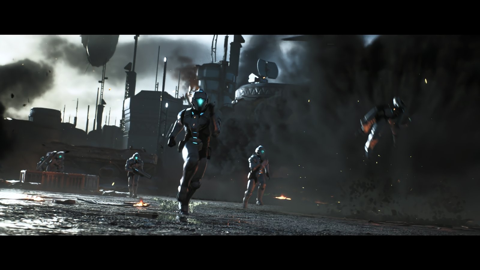 Samus and Federation soldiers moving through a damaged base during the opening sequence of Metroid Prime 4: Beyond