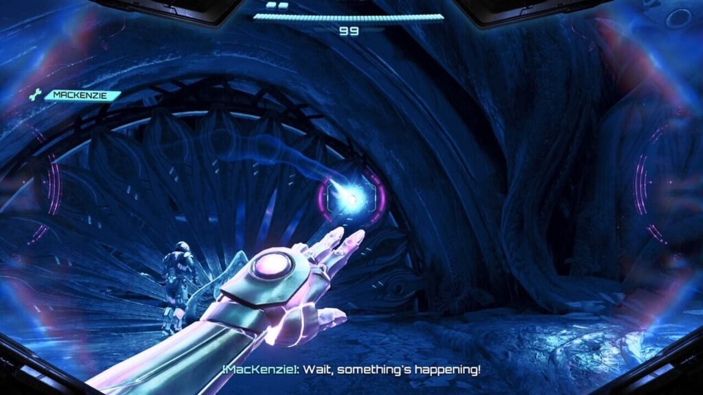 Samus using psychic abilities to manipulate energy during a puzzle in Metroid Prime 4: Beyond