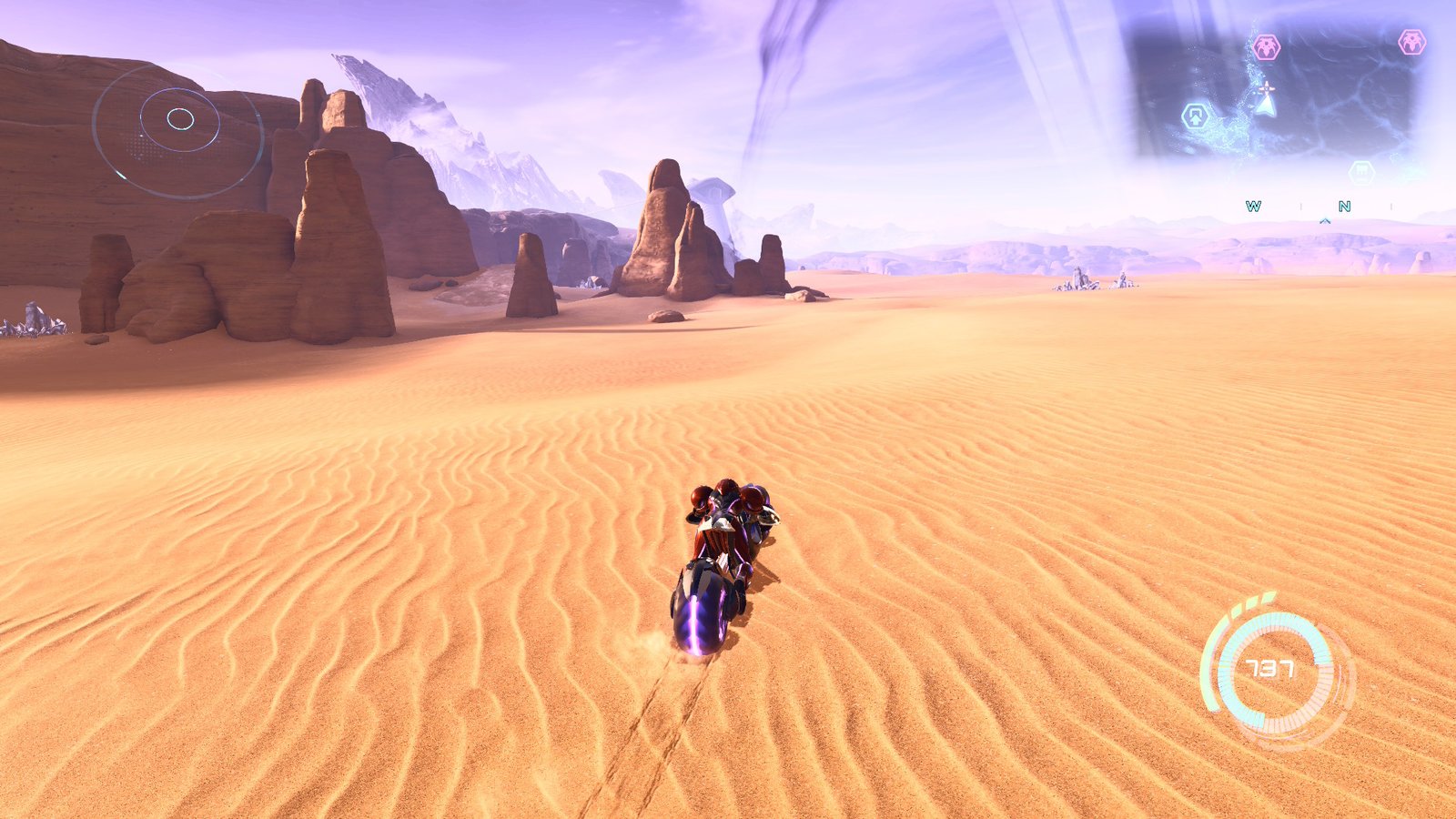 Samus riding the Vi-O-La motorcycle across the Sol Valley desert in Metroid Prime 4: Beyond