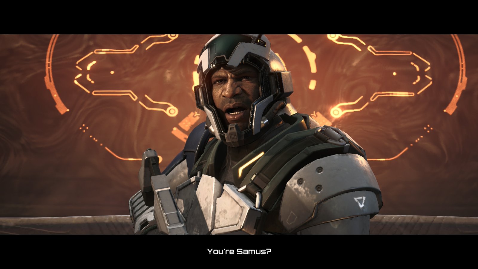 A cinematic close-up of Duke, a Galactic Federation soldier, asking Samus for her identity.