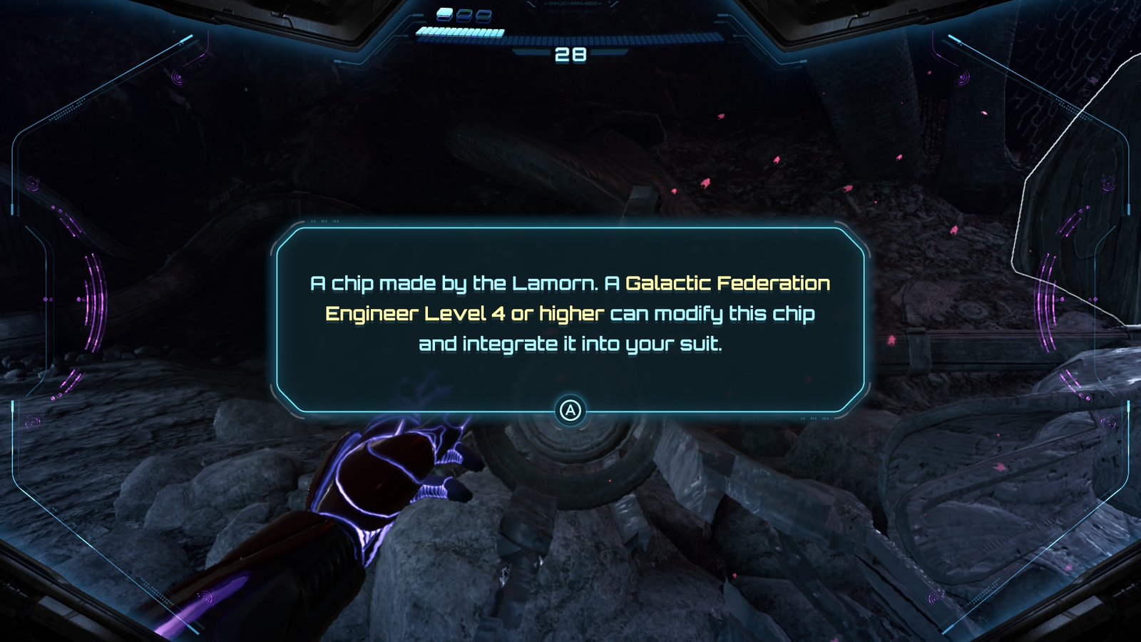 Samus Aran discovering a Lamorn chip in a rocky cavern.