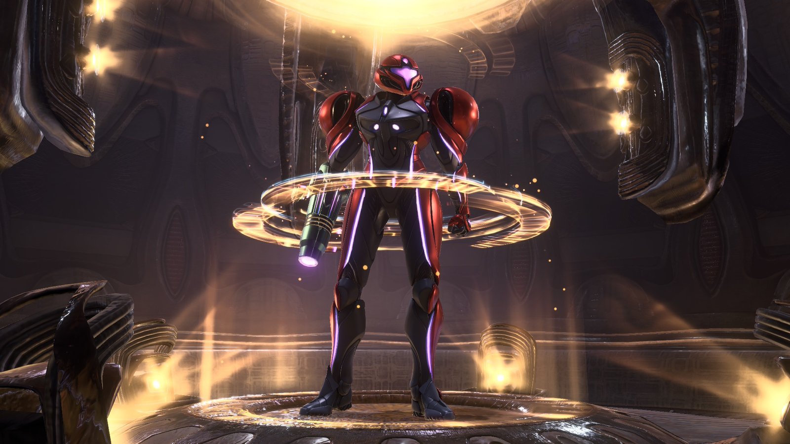 Samus Aran standing inside an illuminated save station to record game progress.