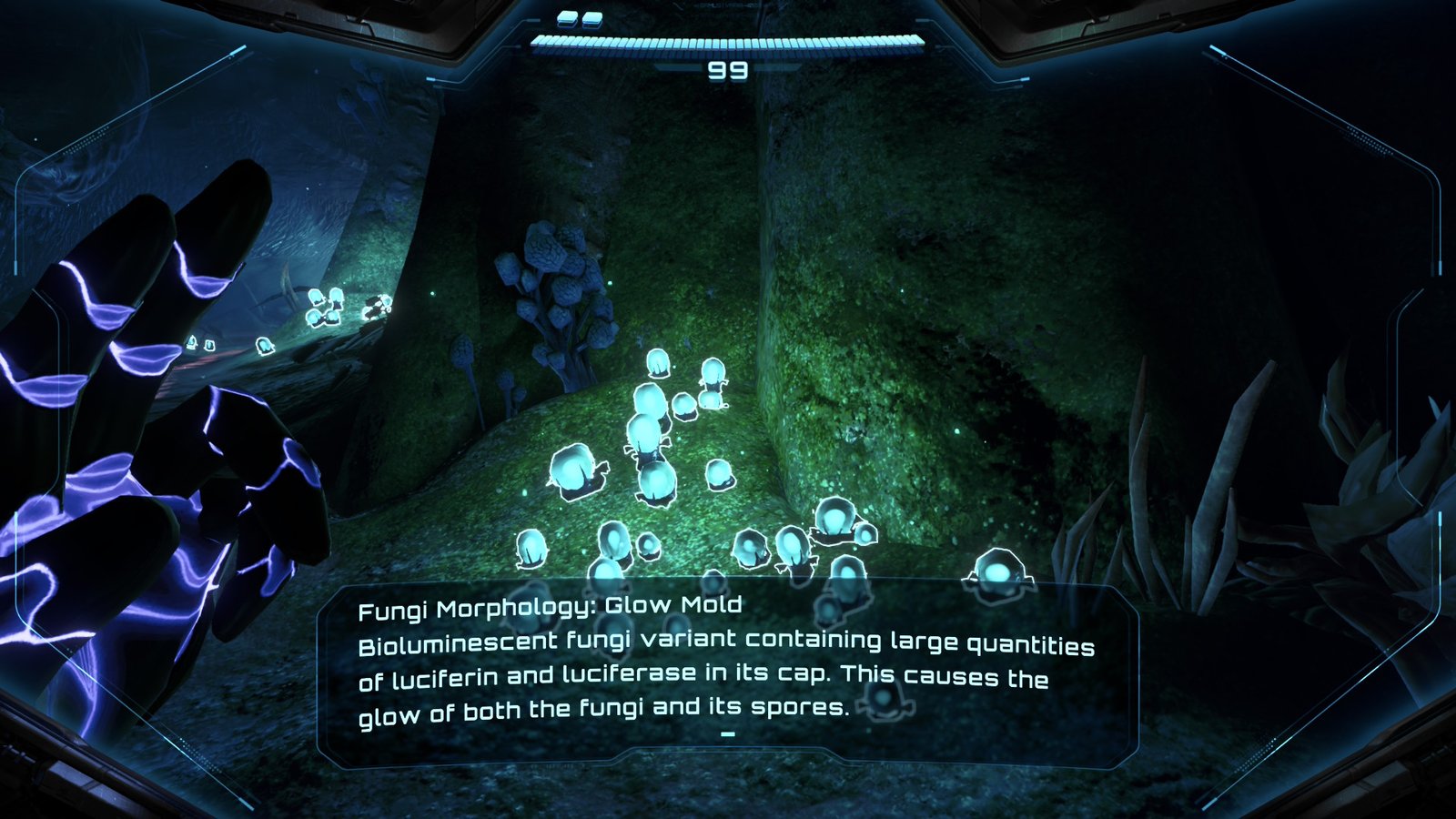 Samus Aran using the Scan Visor to analyze bioluminescent Glow Mold inside a dark cavern.