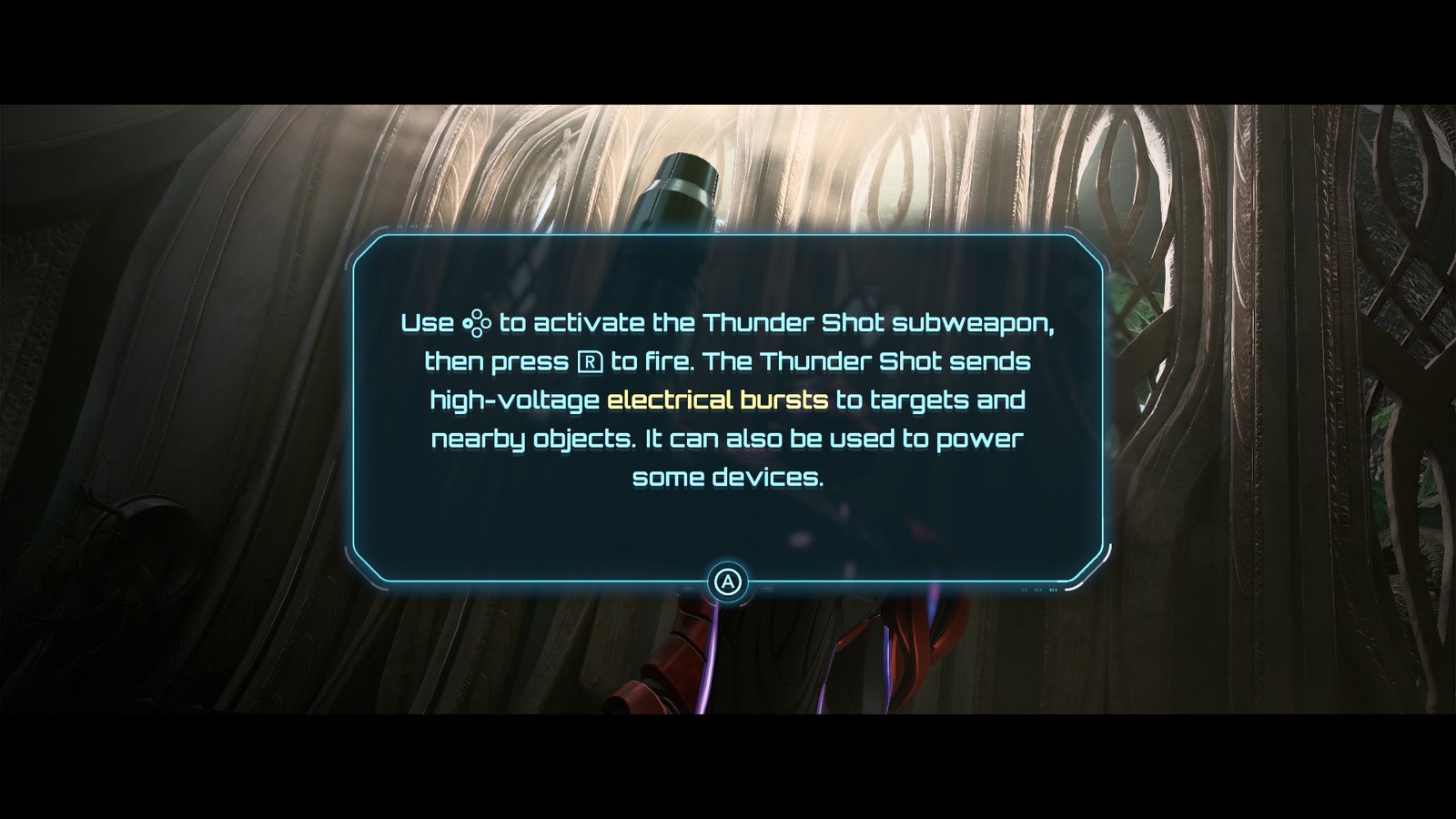 An on-screen tutorial prompt explaining the mechanics and usage of the Thunder Shot subweapon.