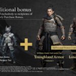 Nioh 3 Early Purchase Bonus showing the Hellfrost Armor Set, the Youngblood Armor (William Nioh Full Armor Set), and the Lone Wolf's Armor (Hiddy Nioh 2 Full Armor Set).