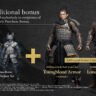 Nioh 3 Early Purchase Bonus showing the Hellfrost Armor Set, the Youngblood Armor (William Nioh Full Armor Set), and the Lone Wolf's Armor (Hiddy Nioh 2 Full Armor Set).