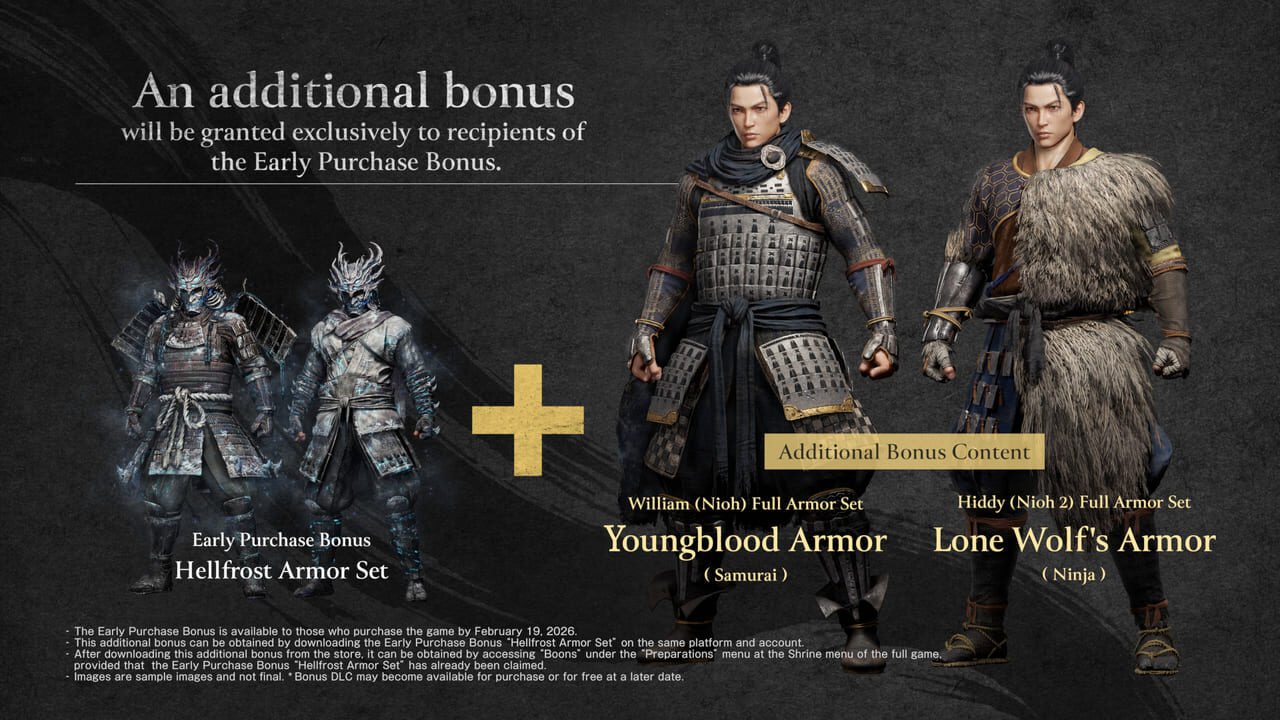 Nioh 3 Early Purchase Bonus showing the Hellfrost Armor Set, the Youngblood Armor (William Nioh Full Armor Set), and the Lone Wolf's Armor (Hiddy Nioh 2 Full Armor Set).