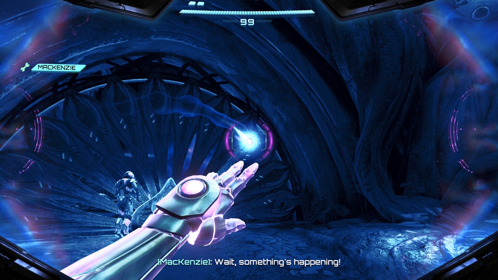 Samus Aran utilizing a psychic tether ability to solve a puzzle near a large, ornate gate.