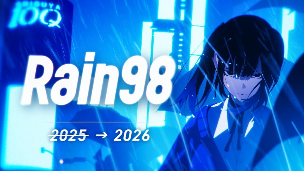 Rain98 video game release delayed to 2026 banner image showing anime character Reina Amehara in the rain in a blue, futuristic Tokyo setting.