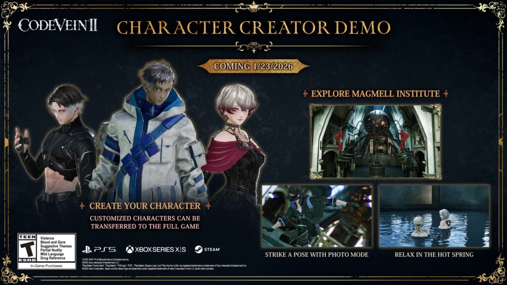 Code Vein II character creator demo key art showing customizable characters and the release date January 23, 2026.