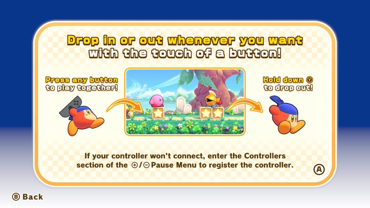 Drop-in and drop-out co-op prompt in Kirby’s Return to Dreamland Deluxe