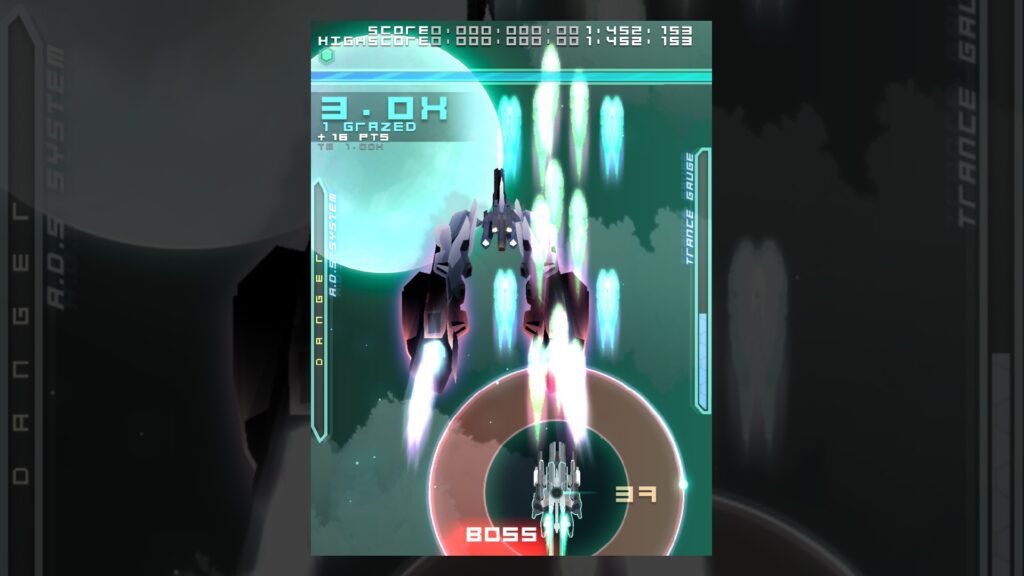 Danmaku Unlimited 2 gameplay showing the ADS shield system activating during a boss encounter