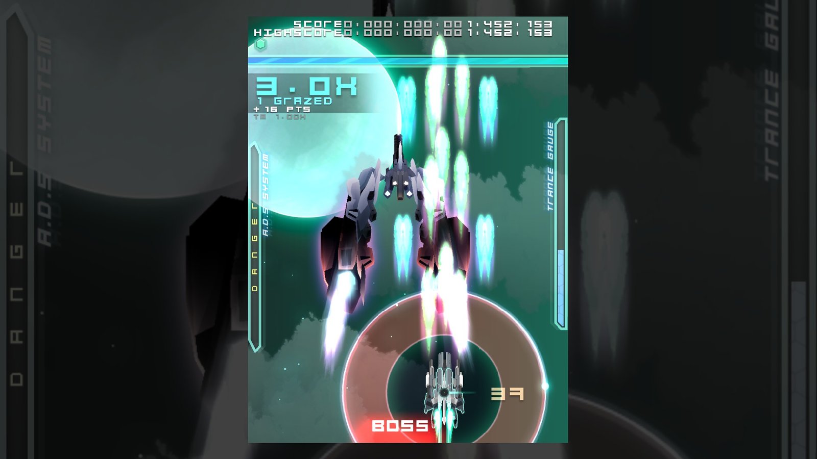 Danmaku Unlimited 2 gameplay showing the ADS shield system activating during a boss encounter