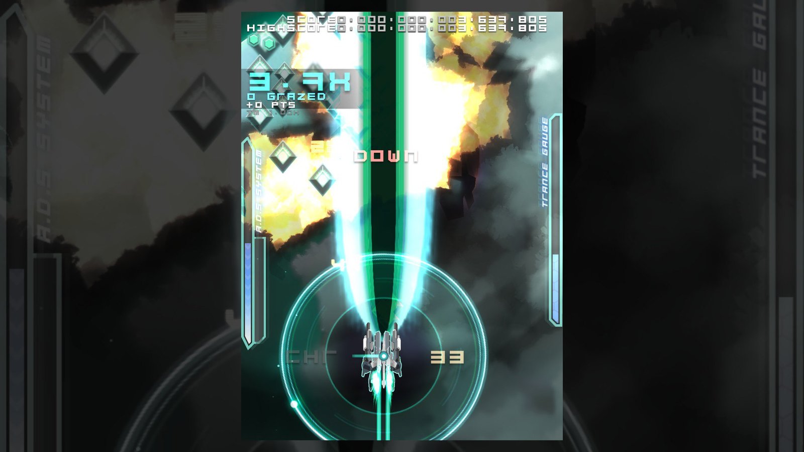 Danmaku Unlimited 2 gameplay showing the Burst Beam clearing bullets and enemies