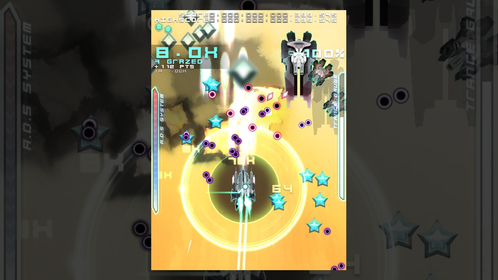Danmaku Unlimited 2 gameplay showing readable bullet patterns and scoring pickups