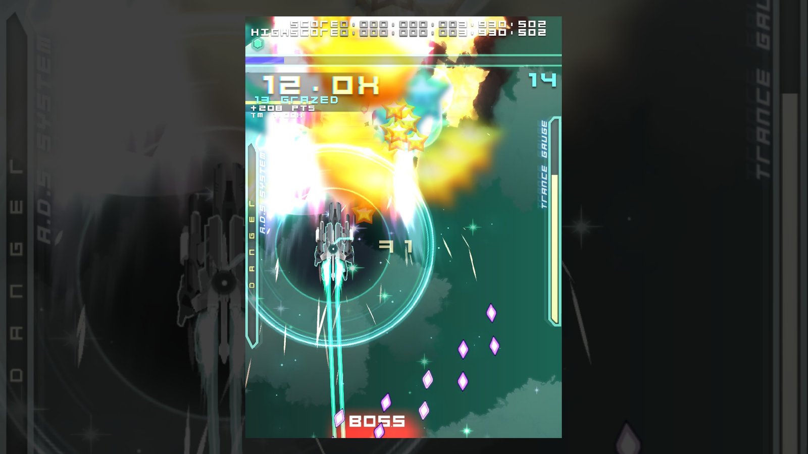 Danmaku Unlimited 2 gameplay showing grazing, score multipliers, and high value pickups during combat