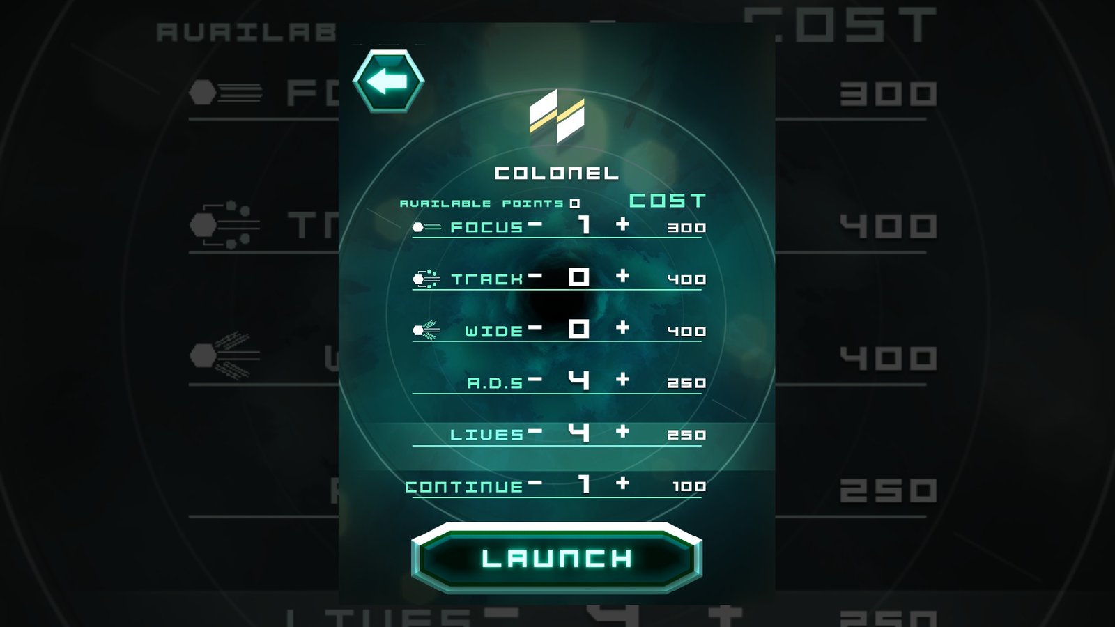 The in-game ship upgrade menu allowing players to allocate points to weapon types, shields, and extra lives.