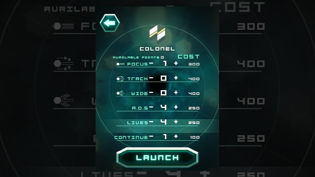 Danmaku Unlimited 2 ship upgrades menu showing adjustable stats and upgrade costs
