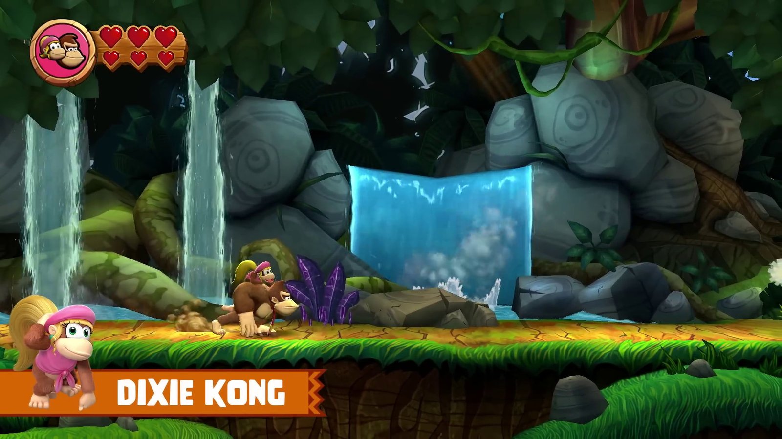 Dixie Kong playable in Donkey Kong Country Returns HD during jungle stage gameplay