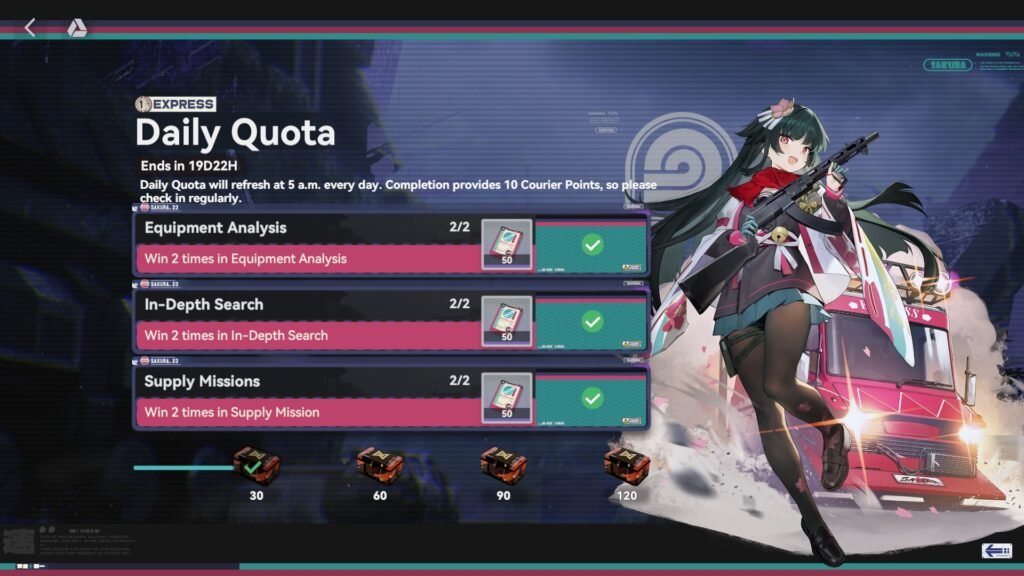 Girls' Frontline 2: Exilium Daily Quota menu for the Advance! Miss Courier! event showing mission progress and rewards.