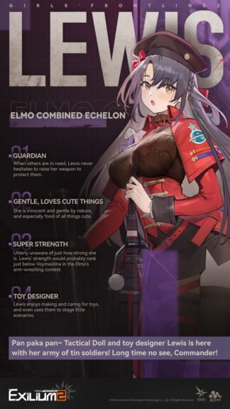 Lewis Gun character introduction artwork in Girls’ Frontline 2 showing her Fire Sentinel design and personality traits