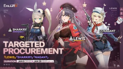 Girls’ Frontline 2 targeted procurement banner featuring Lewis, Sharkry, and Nagant