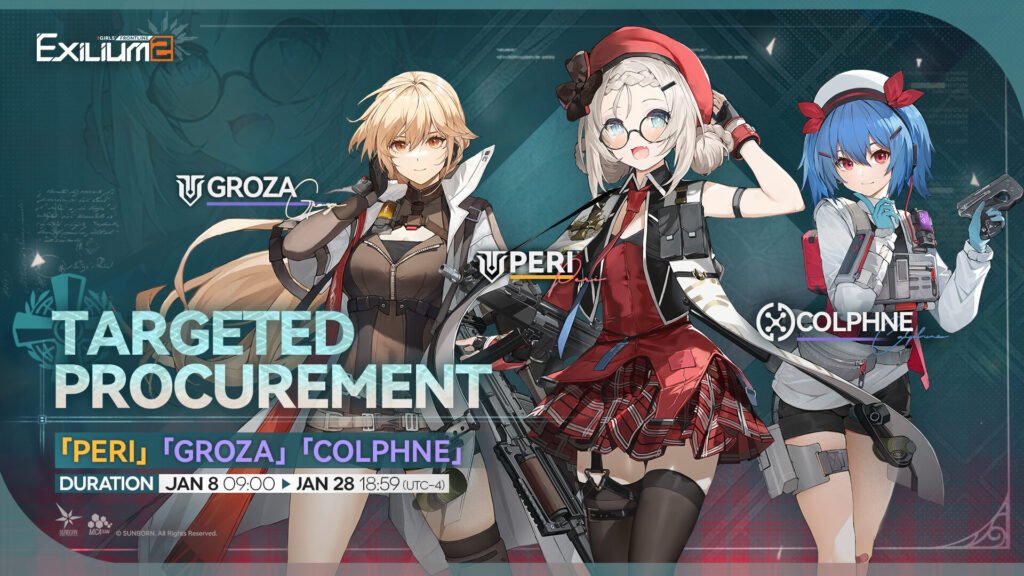 Girls’ Frontline 2 targeted procurement banner featuring Peri, Groza, and Colphne