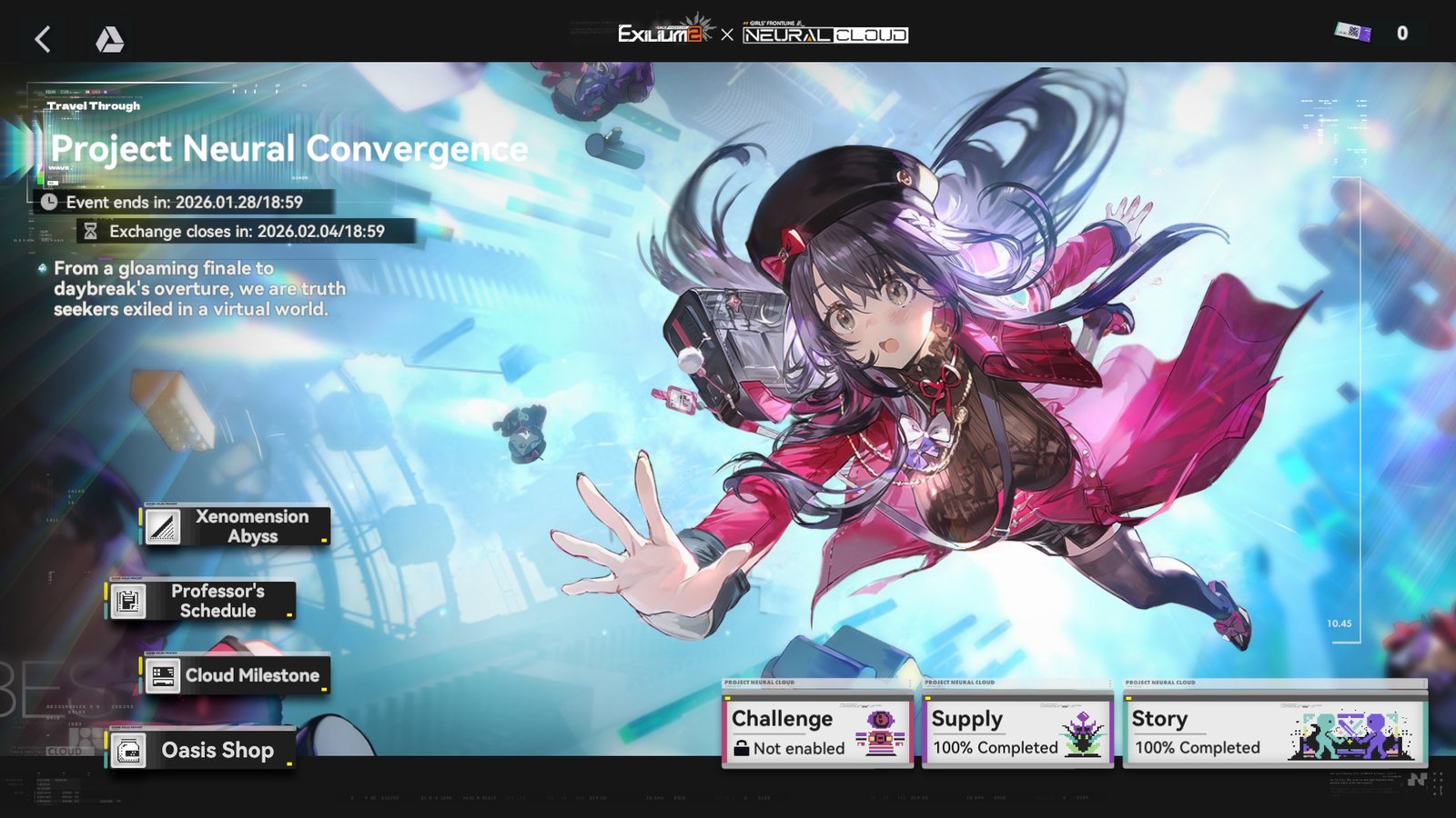Project Neural Convergence event hub in Girls’ Frontline 2 showing story, supply, challenge, and shop menus