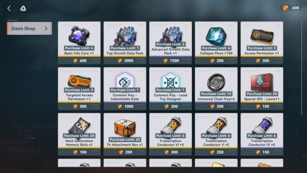 Oasis Shop inventory for Project Neural Convergence in Girls’ Frontline 2 displaying purchasable items