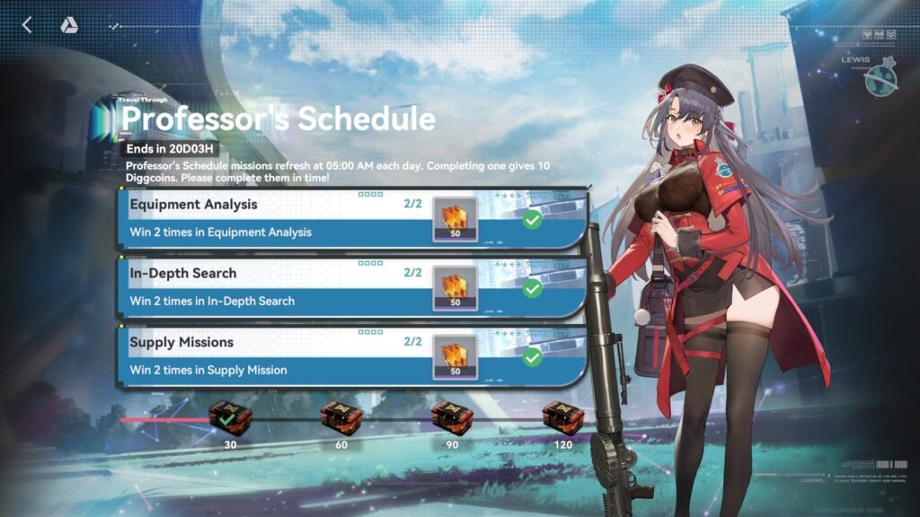 Professor’s Schedule daily missions screen in Project Neural Convergence for Girls’ Frontline 2
