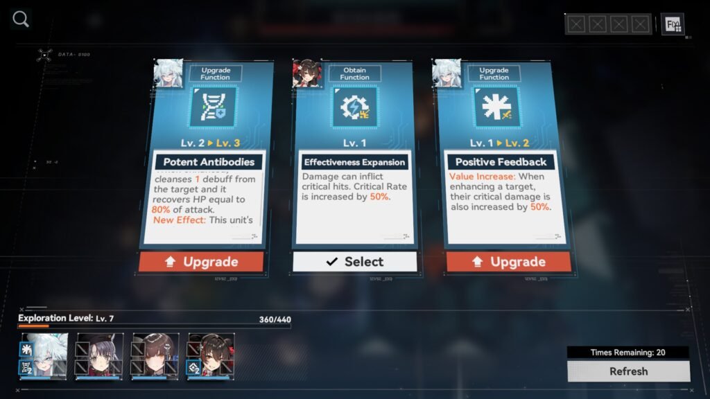 Function selection screen in Xenomension Abyss showing upgrade and obtain options in Girls’ Frontline 2