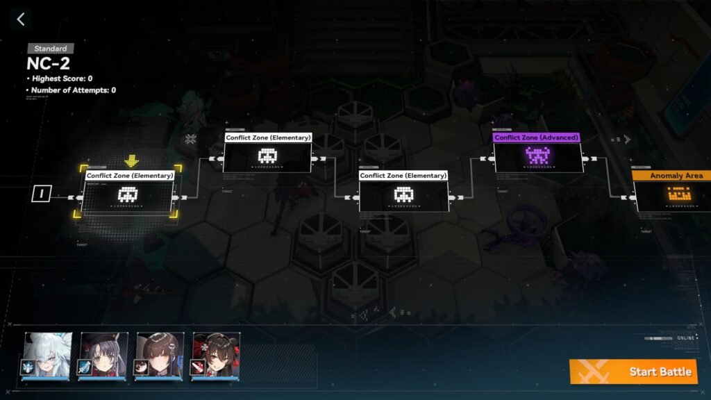 Xenomension Abyss stage path showing conflict zones and anomaly areas in Girls’ Frontline 2