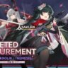 Promotional banner for Girls' Frontline 2: Exilium Targeted Procurement event featuring T-Dolls Sakura, Krolik, and Nemesis. Characters are displayed with their signature weapons against a dark stylized background."