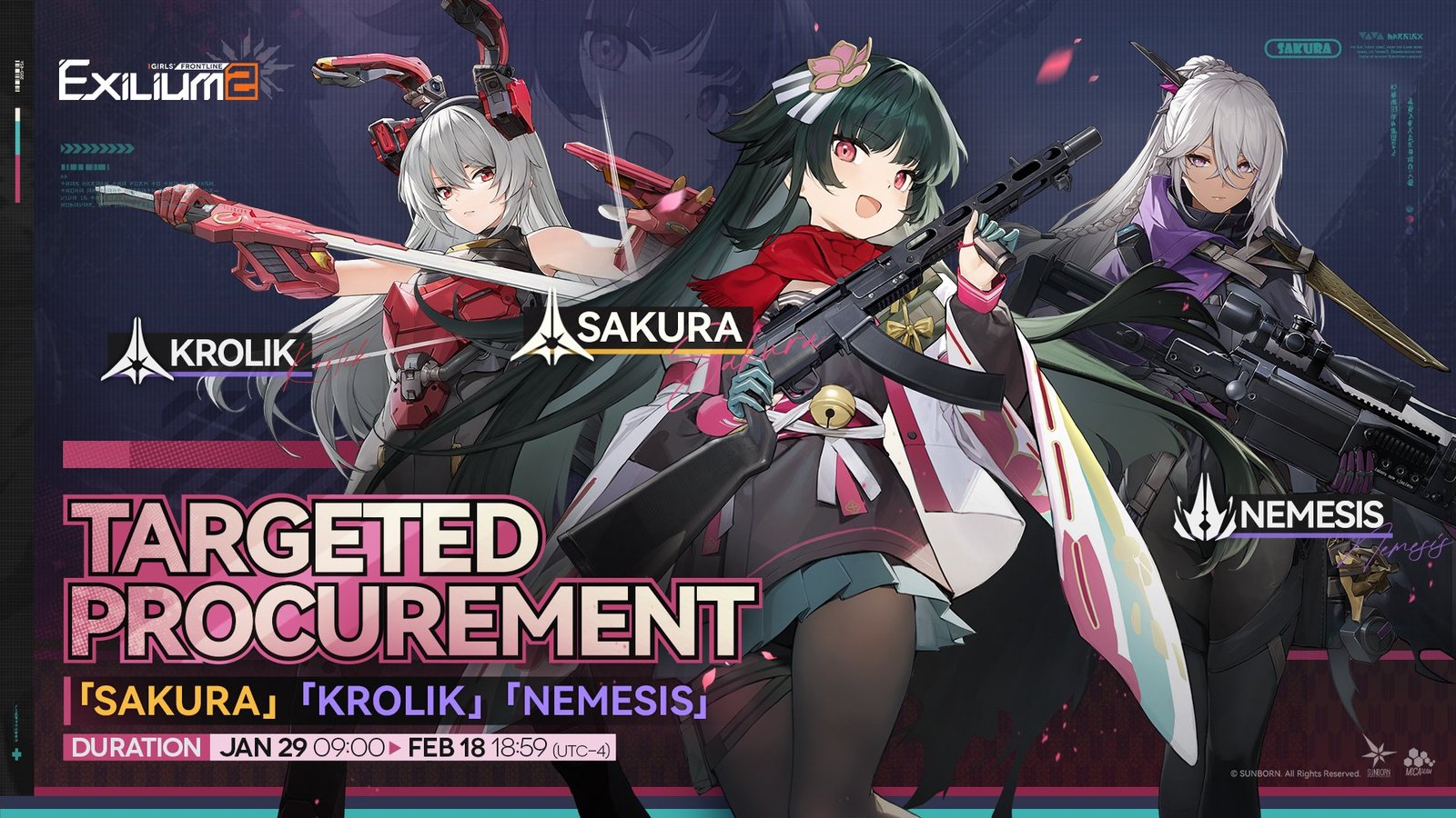 Promotional banner for Girls' Frontline 2: Exilium Targeted Procurement event featuring T-Dolls Sakura, Krolik, and Nemesis. Characters are displayed with their signature weapons against a dark stylized background."