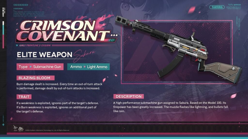 Elite submachine gun 'Crimson Covenant' for Sakura. Features the Blazing Bloom skill to increase burn and out-of-turn attack damage