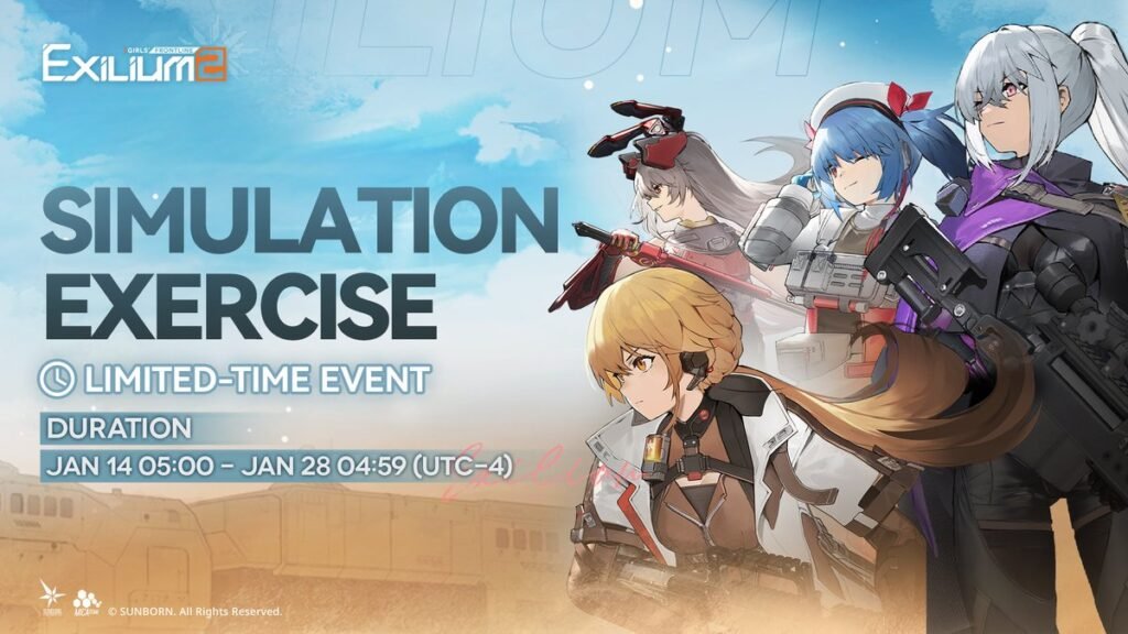 Girls’ Frontline 2: Exilium Simulation Exercise limited-time event banner showing featured characters and event dates from January 14 to January 28.