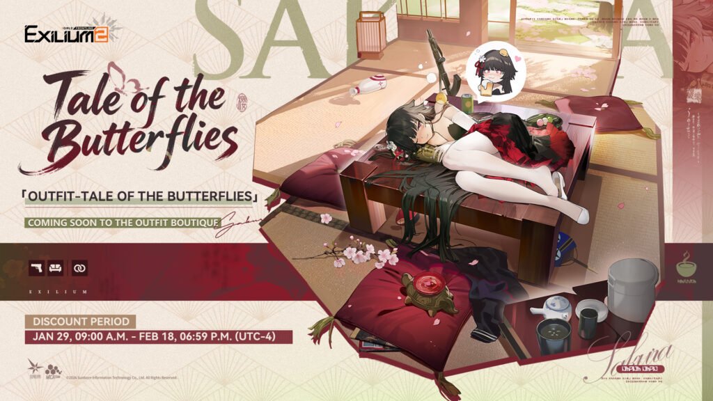 Promotional artwork for Sakura's 'Tale of the Butterflies' outfit in Girls' Frontline 2: Exilium. Sakura is shown resting on a traditional low table in a Japanese-style room, featuring a discount period from Jan 29 to Feb 18.
