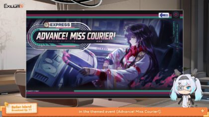 Girls’ Frontline 2 Belian Island Episode 11 broadcast image showing the Advance! Miss Courier event and featured character artwork