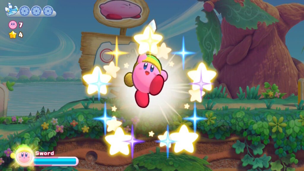 Kirby acquiring the Sword copy ability in Kirby’s Return to Dreamland Deluxe