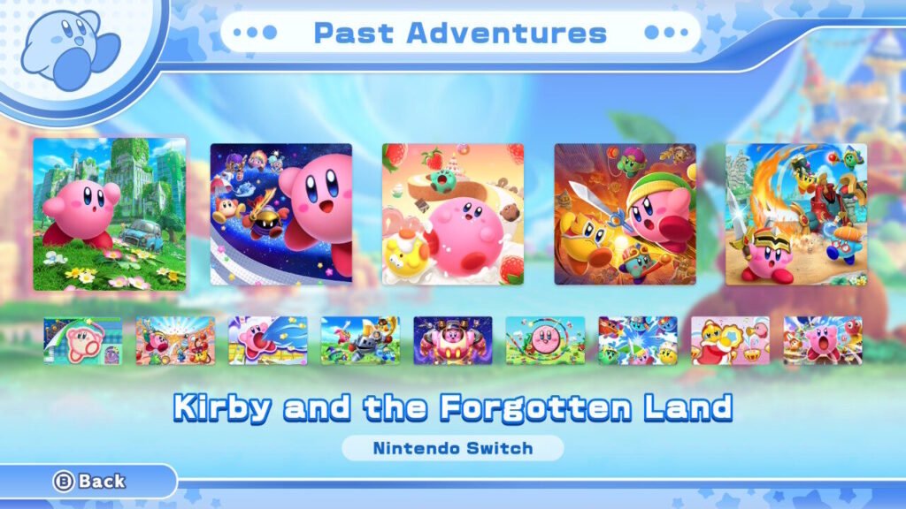 Past Adventures gallery showing previous Kirby titles in Kirby’s Return to Dreamland Deluxe