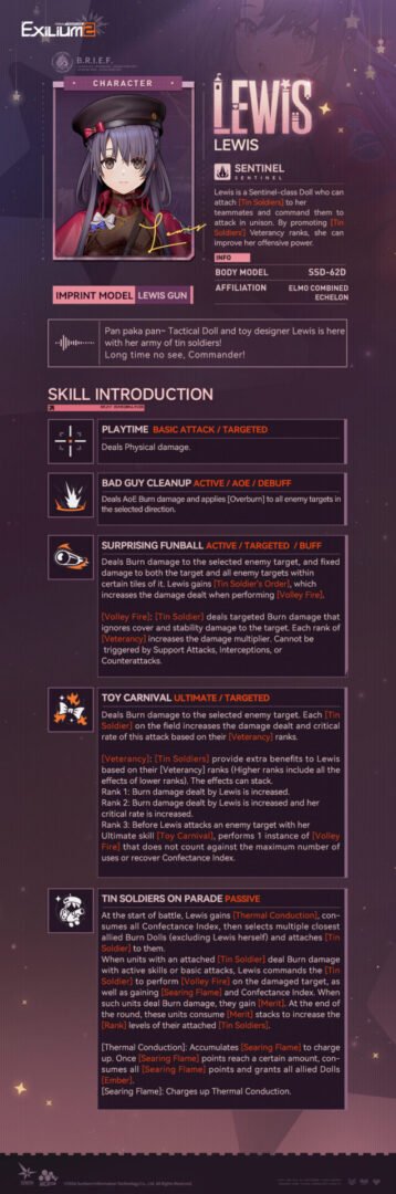 Technical skill breakdown for Lewis (Lewis Gun) featuring Fire Sentinel abilities in the Lewis GFL2 guide.