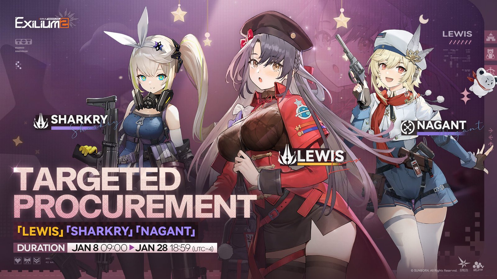 The official Targeted Procurement banner for Lewis, Sharkry, and Nagant featured in the Lewis GFL2 guide.