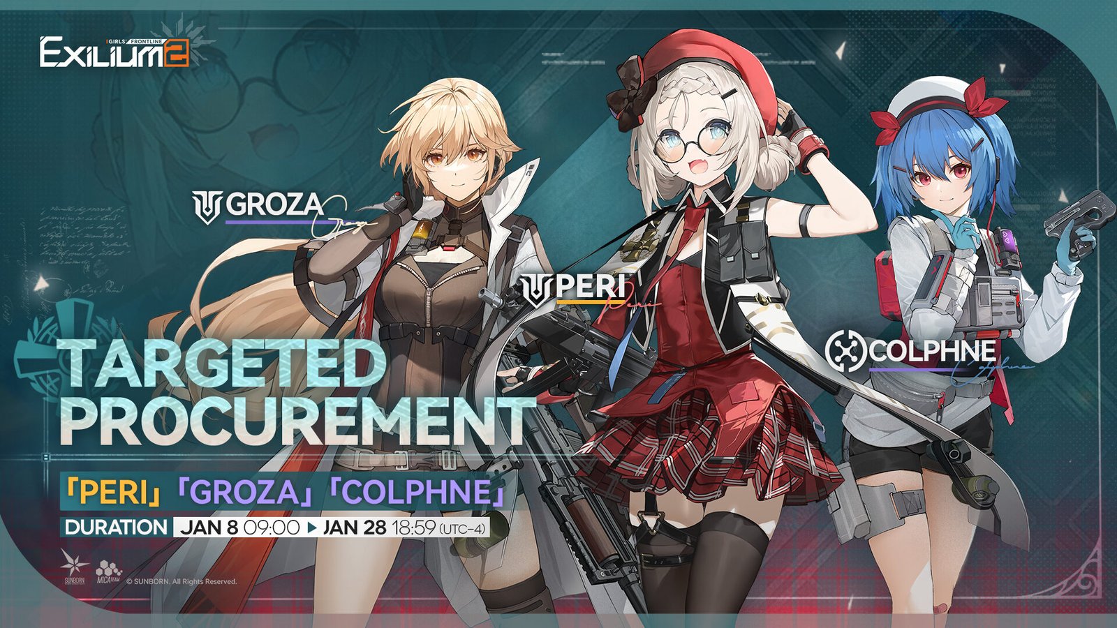 The Peri, Groza, and Colphne targeted procurement rerun banner featured in the Lewis GFL2 guide update.