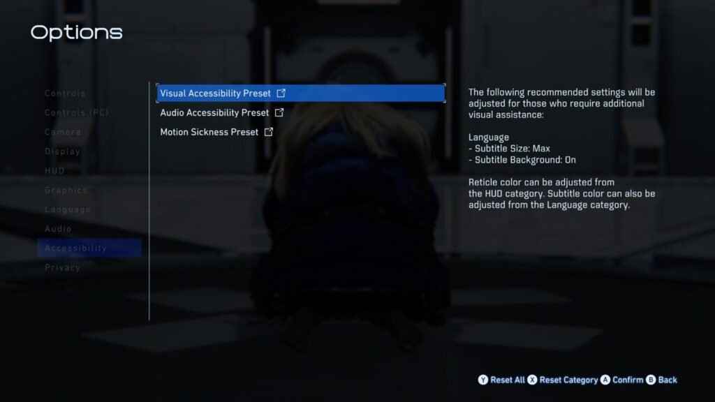 Accessibility preset options in the Pragmata Sketchbook Demo
