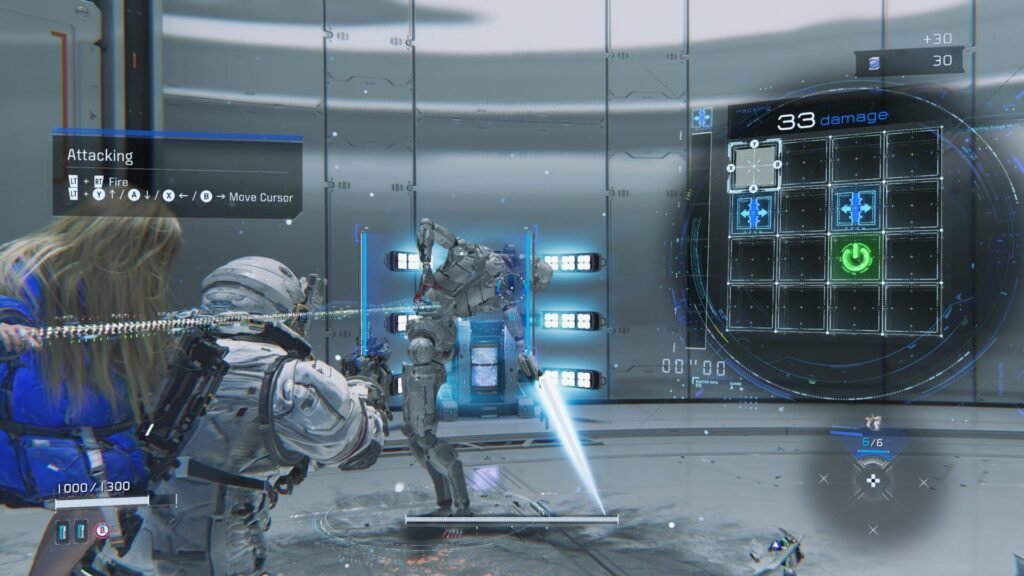 Hacking grid interface with green EXE node during combat in Pragmata